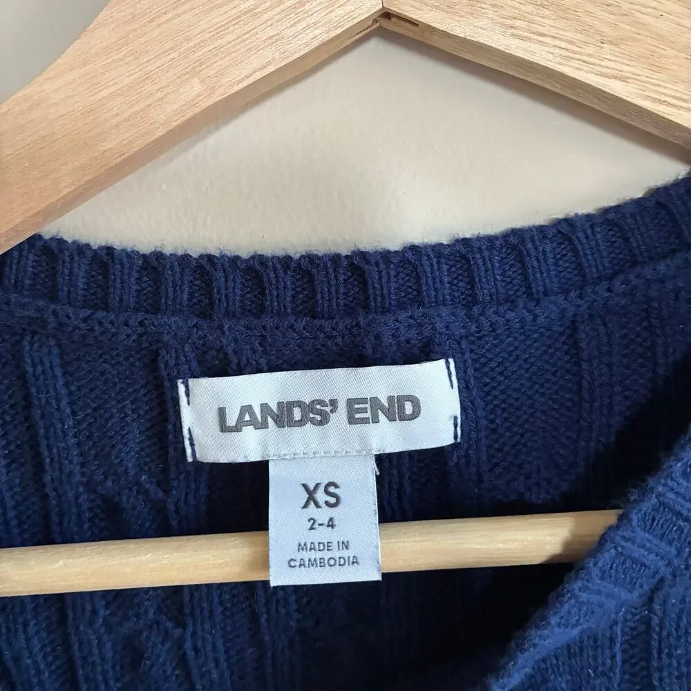 Lands' End blue white striped pullover cable knit sweater women's XS 100% cotton